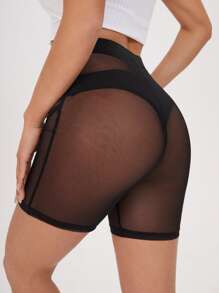 SHEIN Sheer Mesh Cycling Shorts Without Panty - Black - View 2