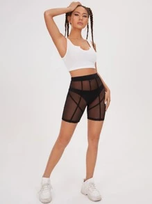 SHEIN Sheer Mesh Cycling Shorts Without Panty - Black - View 3
