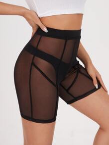 SHEIN Sheer Mesh Cycling Shorts Without Panty - Black - View 4