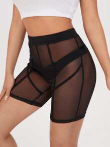 SHEIN Sheer Mesh Cycling Shorts Without Panty - Black - View 5