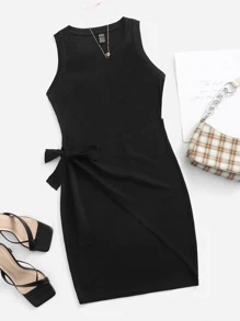 SHEIN Đầm Thắt nút màu trơn Thanh lịch - màu đen - Xem 1