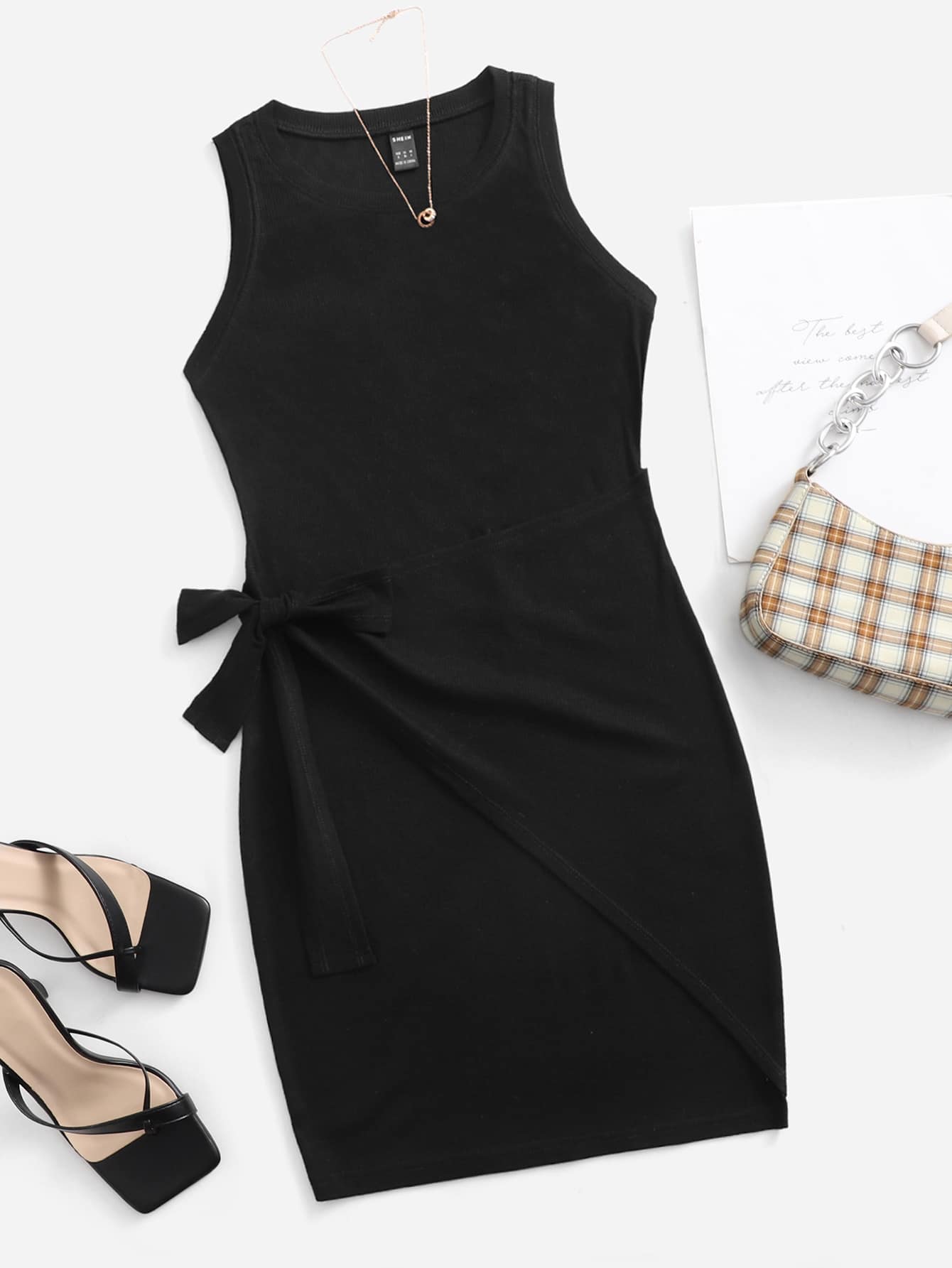 SHEIN Đầm Thắt nút màu trơn Thanh lịch - màu đen - Xem 1