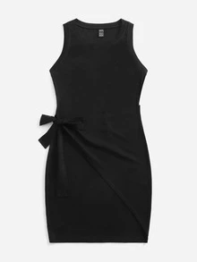 SHEIN Đầm Thắt nút màu trơn Thanh lịch - màu đen - Xem 4