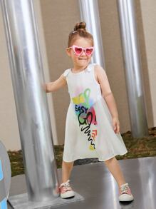 SHEIN 小女童蝴蝶結標語圖案洋裝