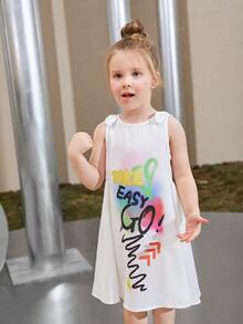 SHEIN 小女童蝴蝶結標語圖案洋裝