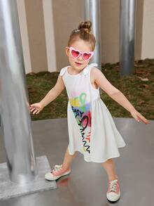 SHEIN 小女童蝴蝶結標語圖案洋裝