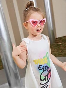 SHEIN 小女童蝴蝶結標語圖案洋裝