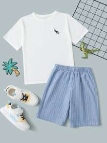 SHEIN Boys Dinosaur Print Tee & Striped Print Shorts - Blue and White - View 1