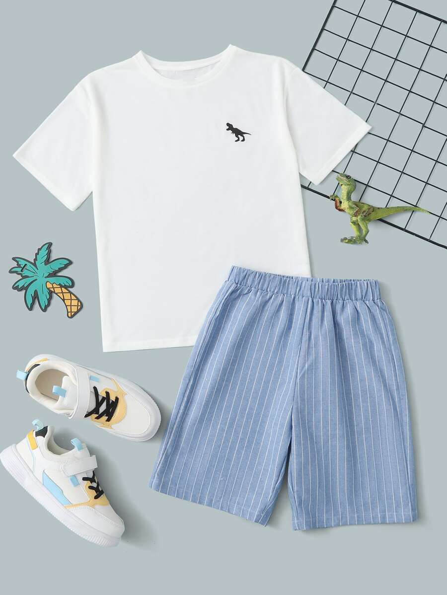 SHEIN Boys Dinosaur Print Tee & Striped Print Shorts - Blue and White - View 1