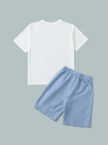 SHEIN Boys Dinosaur Print Tee & Striped Print Shorts - Blue and White - View 2