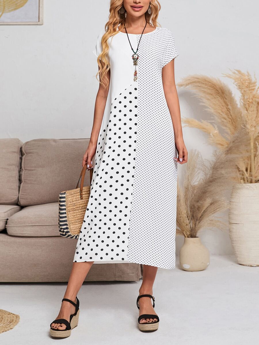 EMERY ROSE 波點圖案直筒洋裝 - 白色 - 查看 1