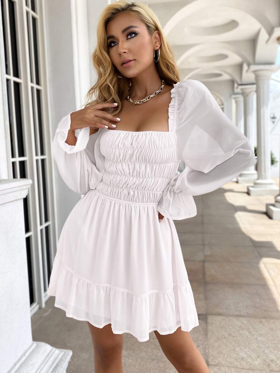 Eilly Bazar Shirred Flounce Sleeve Ruffle Hem Chiffon Dress - White - View 1