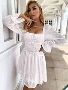 Eilly Bazar Shirred Flounce Sleeve Ruffle Hem Chiffon Dress - White - View 5