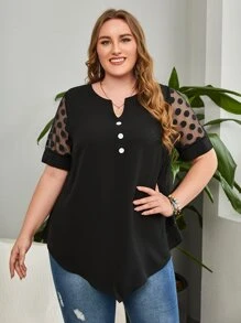 EMERY ROSE Plus Notched Neck Button Front Contrast Mesh Blouse - Black - View 1