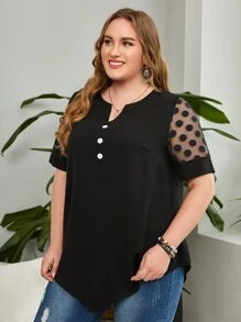 EMERY ROSE Plus Notched Neck Button Front Contrast Mesh Blouse - Black - View 3