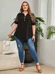 EMERY ROSE Plus Notched Neck Button Front Contrast Mesh Blouse - Black - View 4