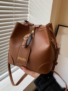 Mini Letter Graphic Drawstring Design Bucket Bag - Brown - View 1