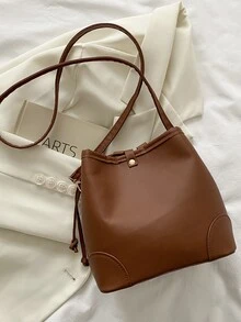 Mini Letter Graphic Drawstring Design Bucket Bag - Brown - View 2