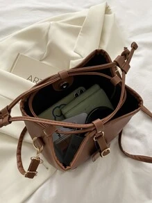 Mini Letter Graphic Drawstring Design Bucket Bag - Brown - View 5