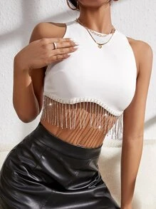 SHEIN BAE Rhinestone Fringe Hem Tank Top - White - View 1