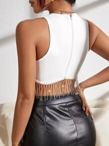 SHEIN BAE Rhinestone Fringe Hem Tank Top - White - View 2