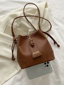 Mini Letter Graphic Drawstring Design Bucket Bag - Brown - View 6
