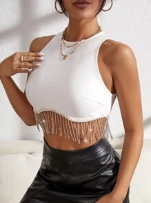 SHEIN BAE Rhinestone Fringe Hem Tank Top - White - View 3