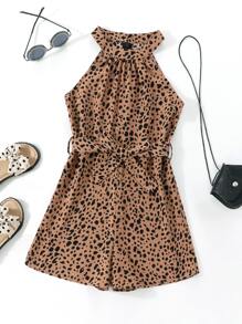 女孩斑點印花繞頸腰帶連身短褲 - 棕色 - 查看 1