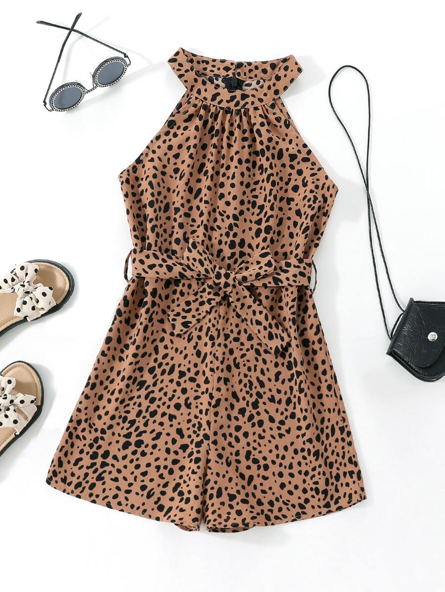 女孩斑點印花繞頸腰帶連身短褲 - 棕色 - 查看 1