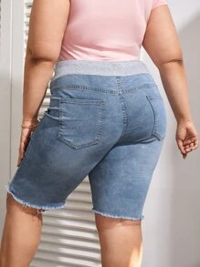 SHEIN Maternity Plus Wide Waistband Ripped Denim Shorts - Light Wash - View 2