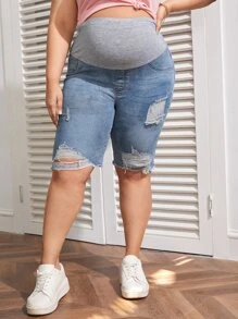 SHEIN Maternity Plus Wide Waistband Ripped Denim Shorts - Light Wash - View 3