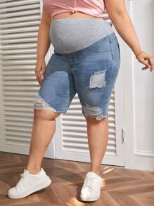 SHEIN Maternity Plus Wide Waistband Ripped Denim Shorts - Light Wash - View 4