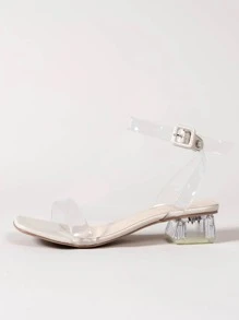 Clear Ankle Strap Chunky Heeled Sandals,Spring Summer Outfits - Beige - View 3