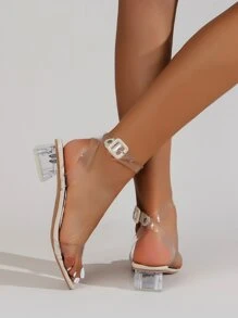 Clear Ankle Strap Chunky Heeled Sandals,Spring Summer Outfits - Beige - View 4