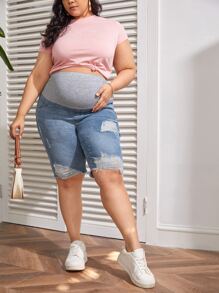 SHEIN Maternity Plus Wide Waistband Ripped Denim Shorts - Light Wash - View 6