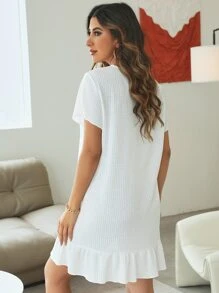Lace Trim V-neck Ruffle Hem Waffle Knit Nightdress - White - View 2
