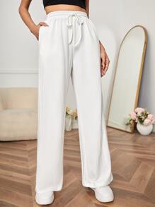 SHEIN PETITE Drawstring Waist Wide Leg Joggers - White - View 1