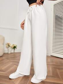 SHEIN PETITE Drawstring Waist Wide Leg Joggers - White - View 3