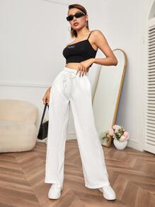 SHEIN PETITE Drawstring Waist Wide Leg Joggers - White - View 5