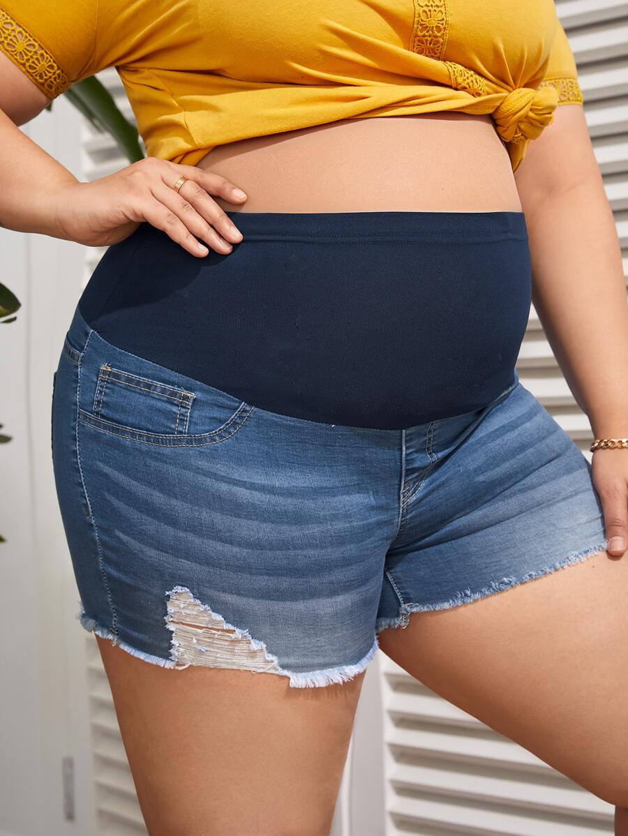 SHEIN Maternidad Talla grande Shorts mezclilla desgarro bajo crudo - Azul lavado medio - Ver 1