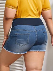 SHEIN Maternidad Talla grande Shorts mezclilla desgarro bajo crudo - Azul lavado medio - Ver 2