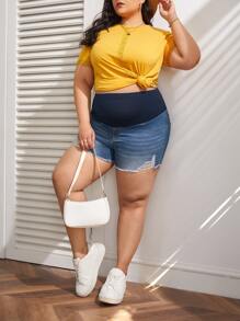 SHEIN Maternidad Talla grande Shorts mezclilla desgarro bajo crudo - Azul lavado medio - Ver 3