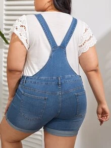 SHEIN Thai sản Hơn Túi vá Rách Cuộn Hem Áo liền quần Denim - Rửa trung bình - Xem 2