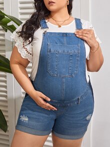 SHEIN Thai sản Hơn Túi vá Rách Cuộn Hem Áo liền quần Denim - Rửa trung bình - Xem 4