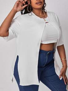 SHEIN SXY Bộ thời trang Plus Size Chia màu trơn Giải trí - trắng - Xem 3