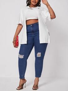 SHEIN SXY Bộ thời trang Plus Size Chia màu trơn Giải trí - trắng - Xem 1