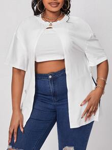 SHEIN SXY Bộ thời trang Plus Size Chia màu trơn Giải trí - trắng - Xem 4
