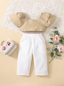 嬰兒蛋糕袖上衣和斜插口袋長褲 - 彩色 - 查看 1
