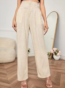 SHEIN PETITE 高腰素色定制西褲 - 卡其色 - 查看 2