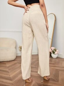 SHEIN PETITE 高腰素色定制西褲 - 卡其色 - 查看 3